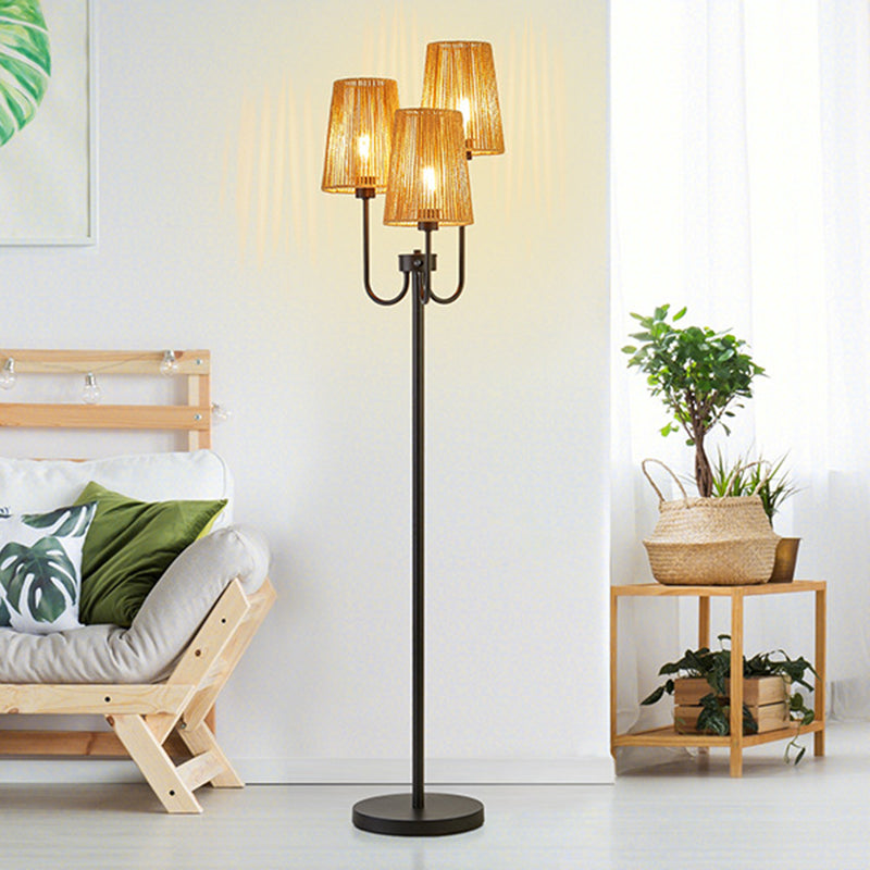 Traditional Rustic Weaving Paper Rope Fabric Iron Cylinder 3-Light Standing Floor Lamp For Living Room