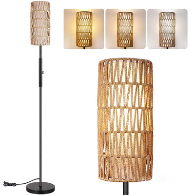 Traditional Japanese Weaving Rattan Fabric Metal Cylinder 1-Light Standing Floor Lamp For Living Room