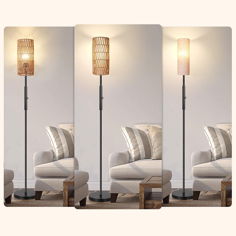 Traditional Japanese Weaving Rattan Fabric Metal Cylinder 1-Light Standing Floor Lamp For Living Room