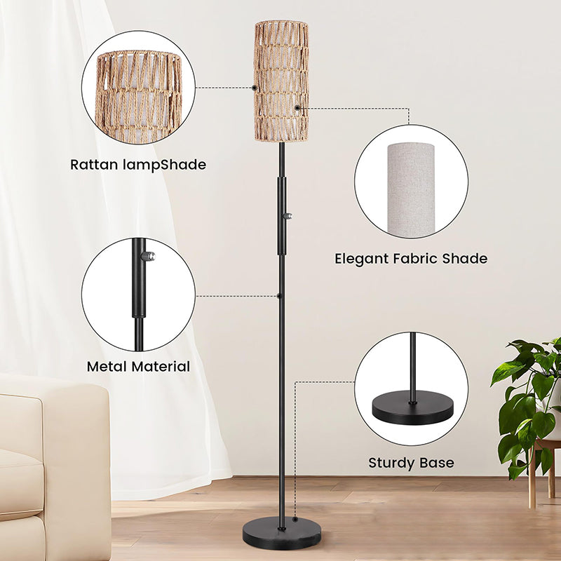 Traditional Japanese Weaving Rattan Fabric Metal Cylinder 1-Light Standing Floor Lamp For Living Room