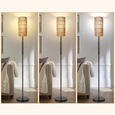 Traditional Japanese Weaving Rattan Fabric Metal Cylinder 1-Light Standing Floor Lamp For Living Room