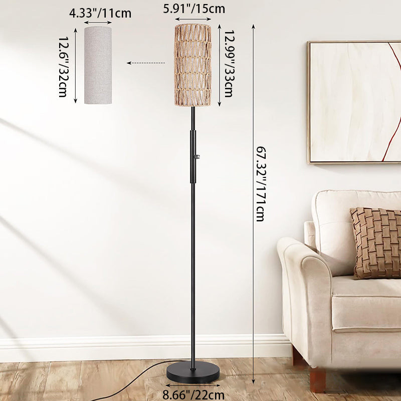 Traditional Japanese Weaving Rattan Fabric Metal Cylinder 1-Light Standing Floor Lamp For Living Room