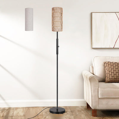 Traditional Japanese Weaving Rattan Fabric Metal Cylinder 1-Light Standing Floor Lamp For Living Room