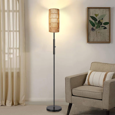 Traditional Japanese Weaving Rattan Fabric Metal Cylinder 1-Light Standing Floor Lamp For Living Room