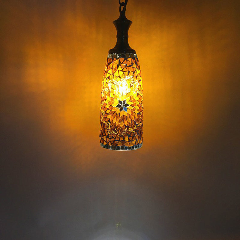 Contemporary Boho Glass Iron Cylinder Mosaic 1-Light Pendant Light For Dining Room