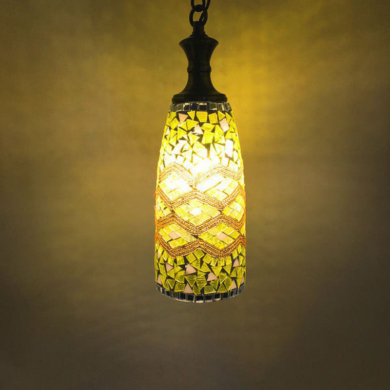 Contemporary Boho Glass Iron Cylinder Mosaic 1-Light Pendant Light For Dining Room