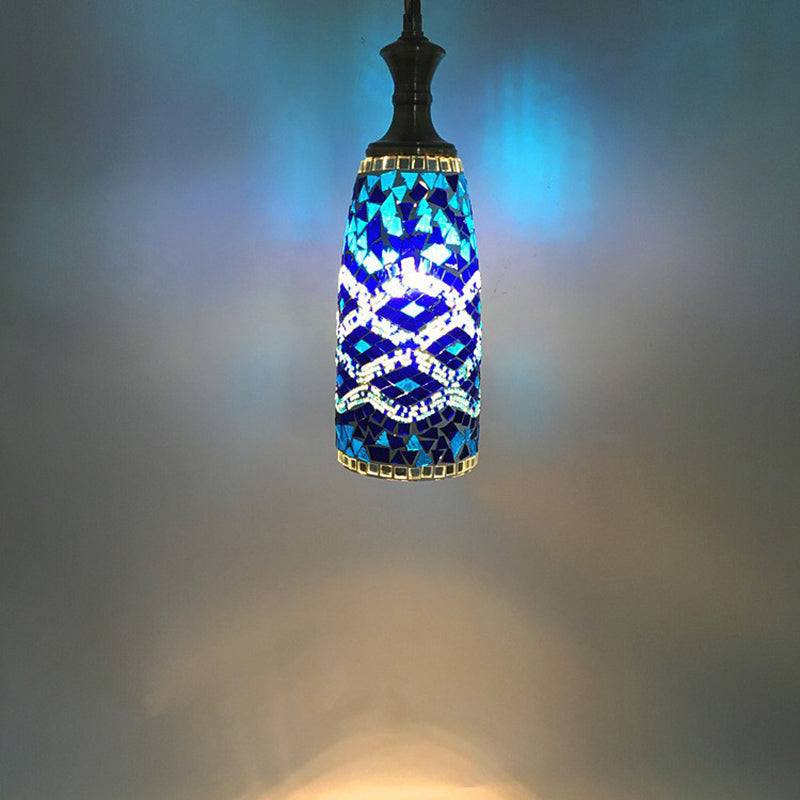 Contemporary Boho Glass Iron Cylinder Mosaic 1-Light Pendant Light For Dining Room