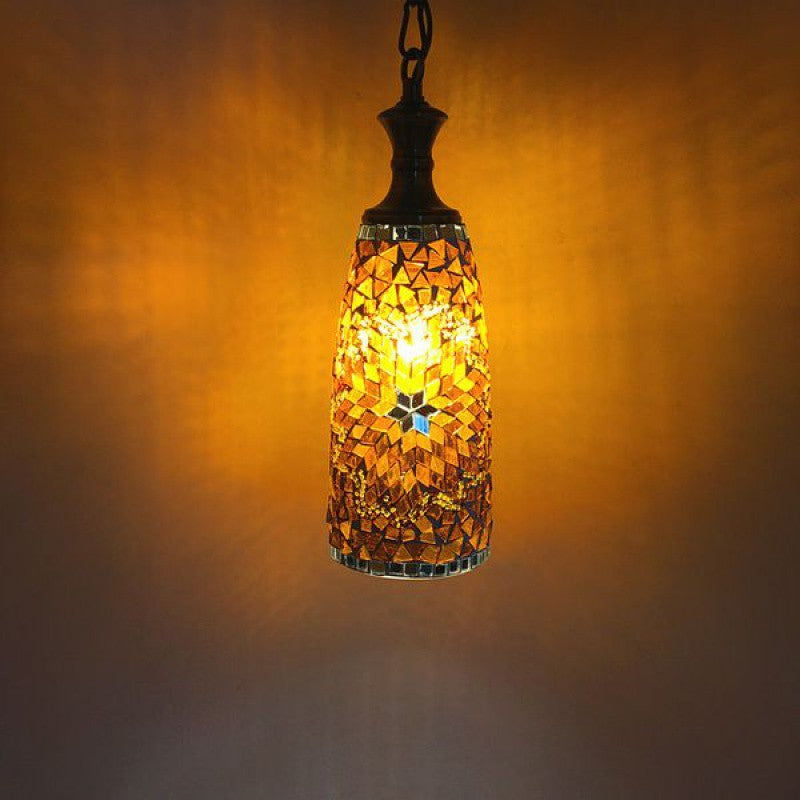 Contemporary Boho Glass Iron Cylinder Mosaic 1-Light Pendant Light For Dining Room