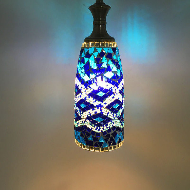 Contemporary Boho Glass Iron Cylinder Mosaic 1-Light Pendant Light For Dining Room