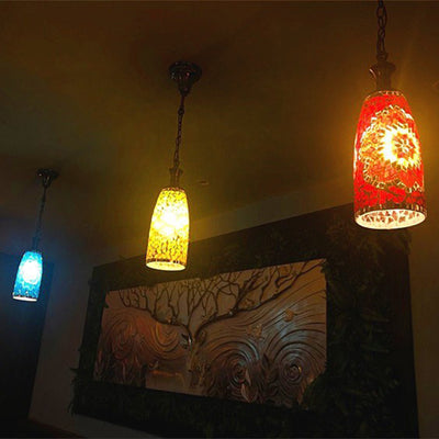 Contemporary Boho Glass Iron Cylinder Mosaic 1-Light Pendant Light For Dining Room