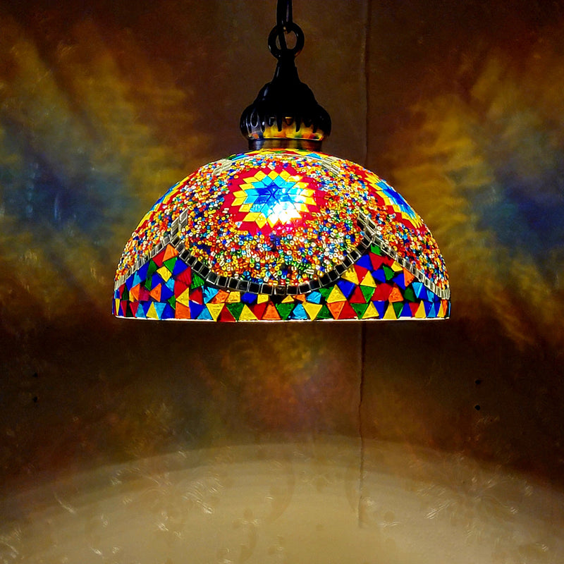 Contemporary Boho Glass Iron Dome Mosaic Bead 1-Light Pendant Light For Dining Room