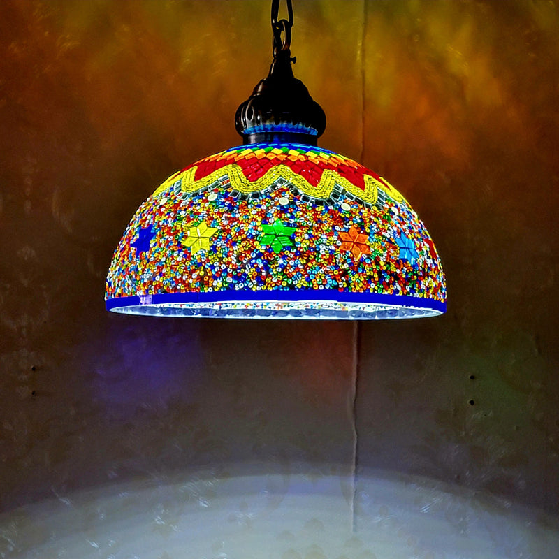 Contemporary Boho Glass Iron Dome Mosaic Bead 1-Light Pendant Light For Dining Room