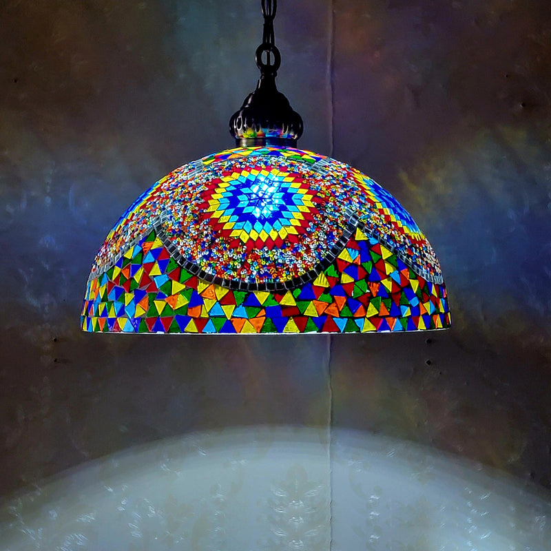 Contemporary Boho Glass Iron Dome Mosaic Bead 1-Light Pendant Light For Dining Room