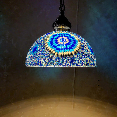 Contemporary Boho Glass Iron Dome Mosaic Bead 1-Light Pendant Light For Dining Room