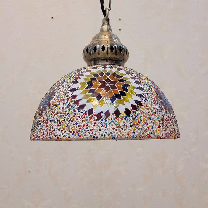 Contemporary Boho Glass Iron Dome Sun Mosaic Bead 1-Light Pendant Light For Dining Room