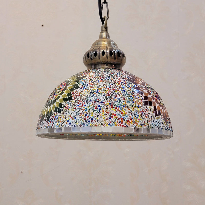 Contemporary Boho Glass Iron Dome Sun Mosaic Bead 1-Light Pendant Light For Dining Room