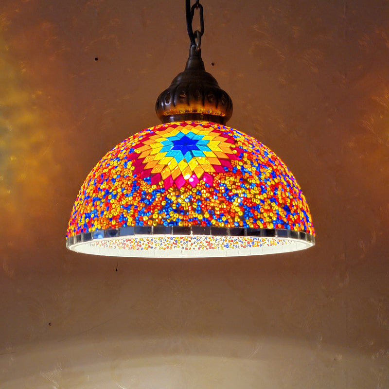 Contemporary Boho Glass Iron Dome Sun Mosaic Bead 1-Light Pendant Light For Dining Room