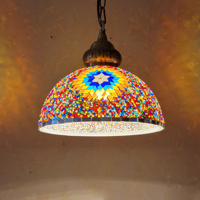 Contemporary Boho Glass Iron Dome Sun Mosaic Bead 1-Light Pendant Light For Dining Room