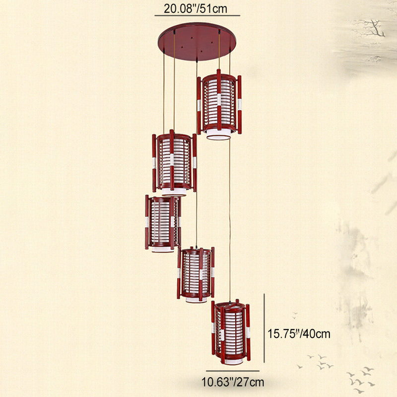 Traditional Chinese Camphor Pine Wood Imitation Sheepskin Cylinder Fence 1/3/5 Light Pendant Light For Dining Room