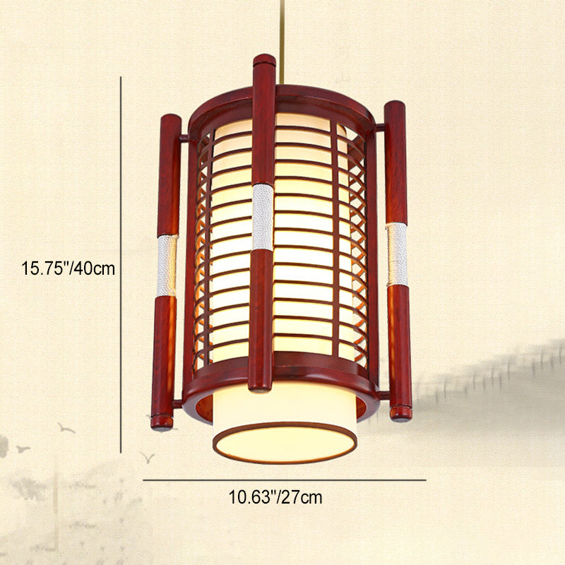 Traditional Chinese Camphor Pine Wood Imitation Sheepskin Cylinder Fence 1/3/5 Light Pendant Light For Dining Room