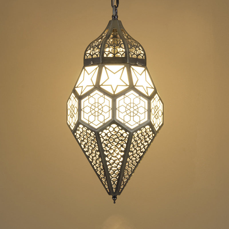 Contemporary Retro Iron Hollowed Carved Rhombic Lantern 1-Light Pendant Light For Dining Room