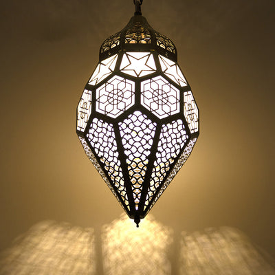 Contemporary Retro Iron Hollowed Carved Rhombic Lantern 1-Light Pendant Light For Dining Room