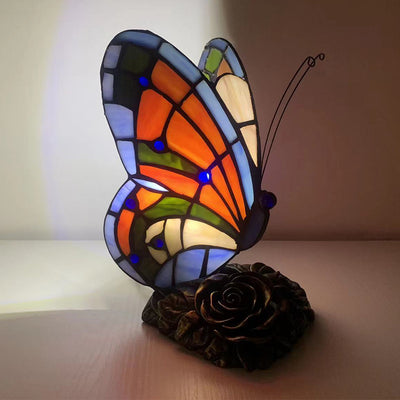 Traditional Tiffany Butterfly Rose Base Resin Glass 1-Light Table Lamp For Bedroom