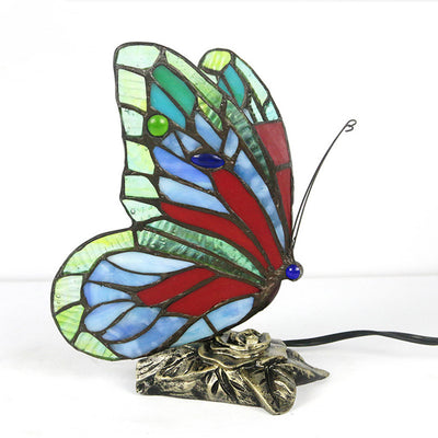 Traditional Tiffany Butterfly Rose Base Resin Glass 1-Light Table Lamp For Bedroom