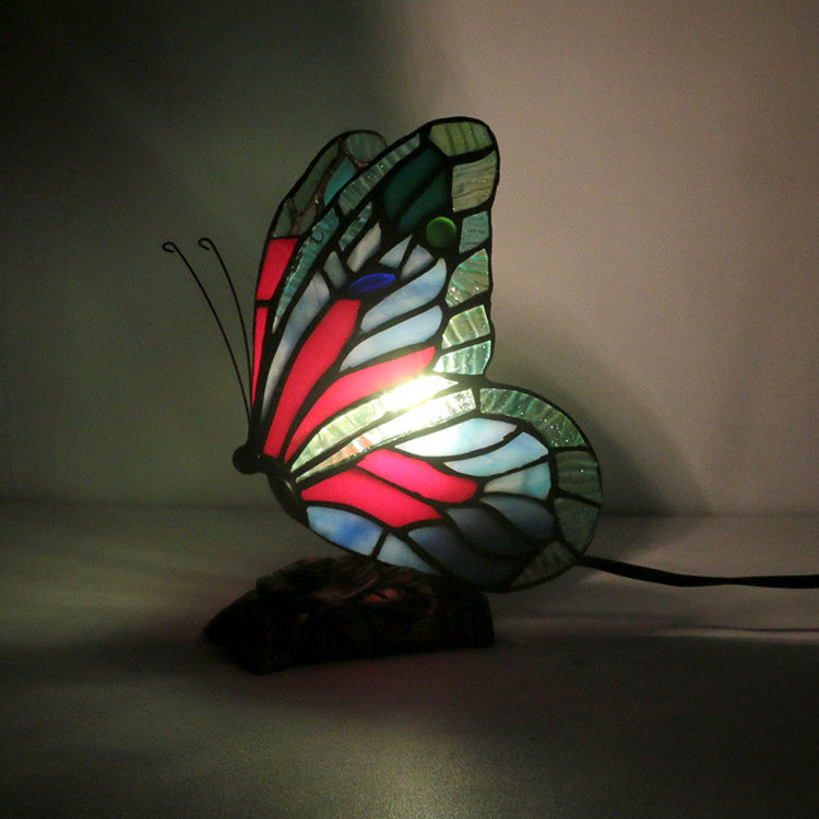 Traditional Tiffany Butterfly Rose Base Resin Glass 1-Light Table Lamp For Bedroom