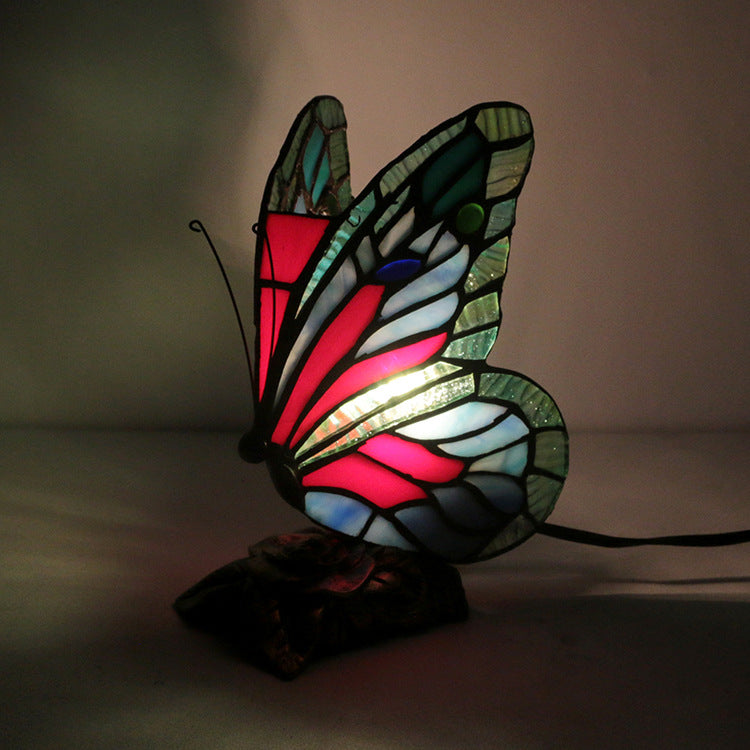 Traditional Tiffany Butterfly Rose Base Resin Glass 1-Light Table Lamp For Bedroom