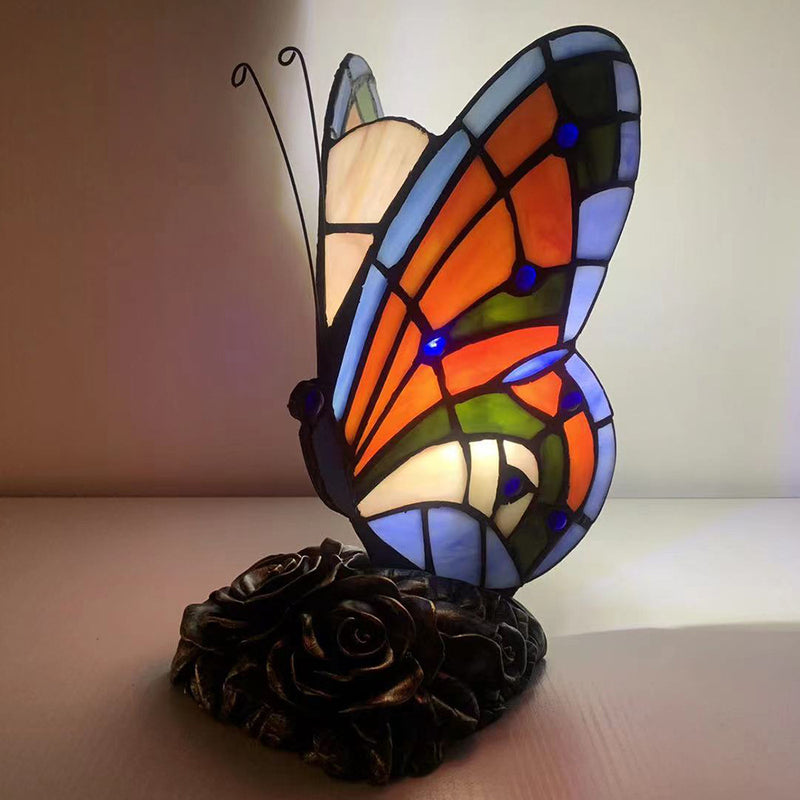 Traditional Tiffany Butterfly Rose Base Resin Glass 1-Light Table Lamp For Bedroom