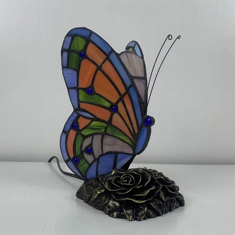 Traditional Tiffany Butterfly Rose Base Resin Glass 1-Light Table Lamp For Bedroom