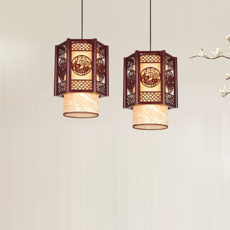 Traditional Chinese Wood PVC Cylinder Lantern Carved Fish 1-Light Pendant Light For Dining Room