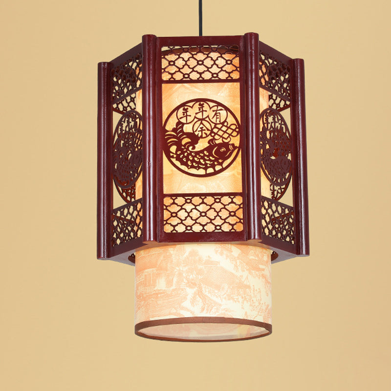 Traditional Chinese Wood PVC Cylinder Lantern Carved Fish 1-Light Pendant Light For Dining Room