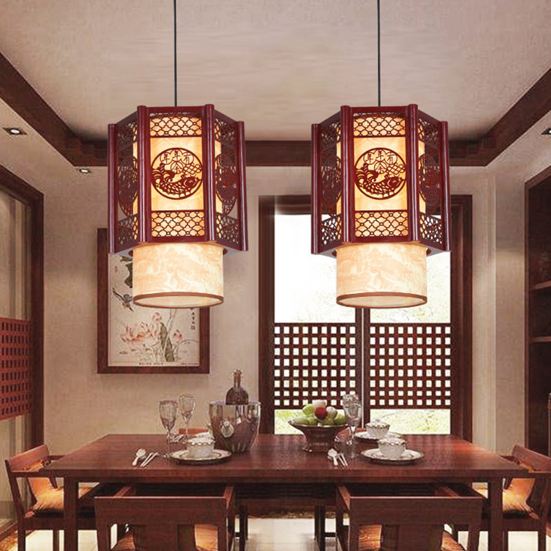 Traditional Chinese Wood PVC Cylinder Lantern Carved Fish 1-Light Pendant Light For Dining Room