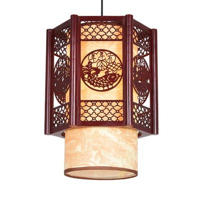 Traditional Chinese Wood PVC Cylinder Lantern Carved Fish 1-Light Pendant Light For Dining Room