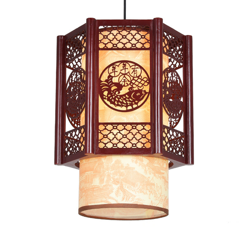 Traditional Chinese Wood PVC Cylinder Lantern Carved Fish 1-Light Pendant Light For Dining Room