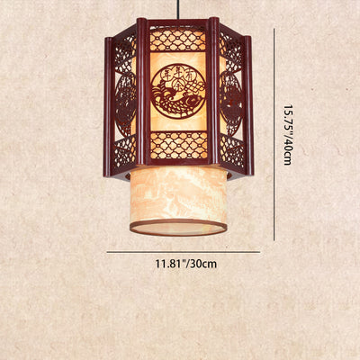 Traditional Chinese Wood PVC Cylinder Lantern Carved Fish 1-Light Pendant Light For Dining Room