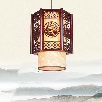 Traditional Chinese Wood PVC Cylinder Lantern Carved Fish 1-Light Pendant Light For Dining Room