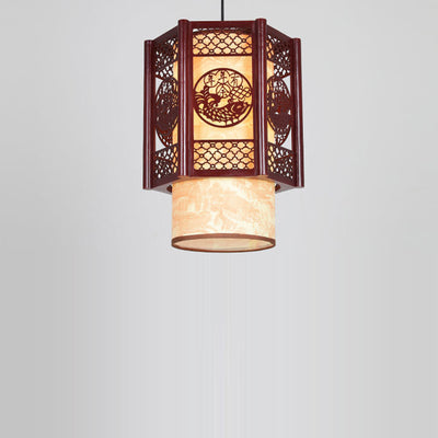 Traditional Chinese Wood PVC Cylinder Lantern Carved Fish 1-Light Pendant Light For Dining Room