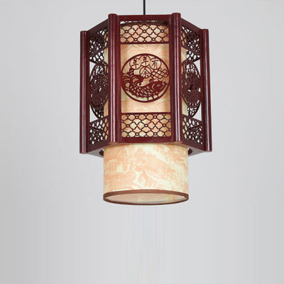 Traditional Chinese Wood PVC Cylinder Lantern Carved Fish 1-Light Pendant Light For Dining Room