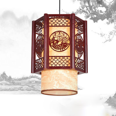 Traditional Chinese Wood PVC Cylinder Lantern Carved Fish 1-Light Pendant Light For Dining Room