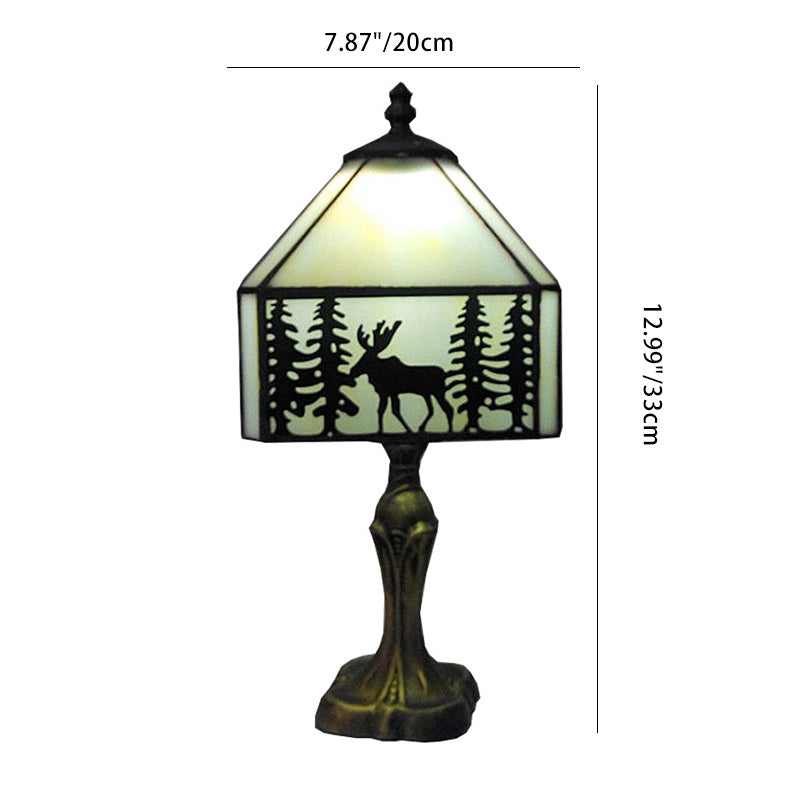 Traditional Tiffany Glass Metal Conic Polyhedron Deer 1-Light Table Lamp For Bedside