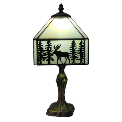 Traditional Tiffany Glass Metal Conic Polyhedron Deer 1-Light Table Lamp For Bedside