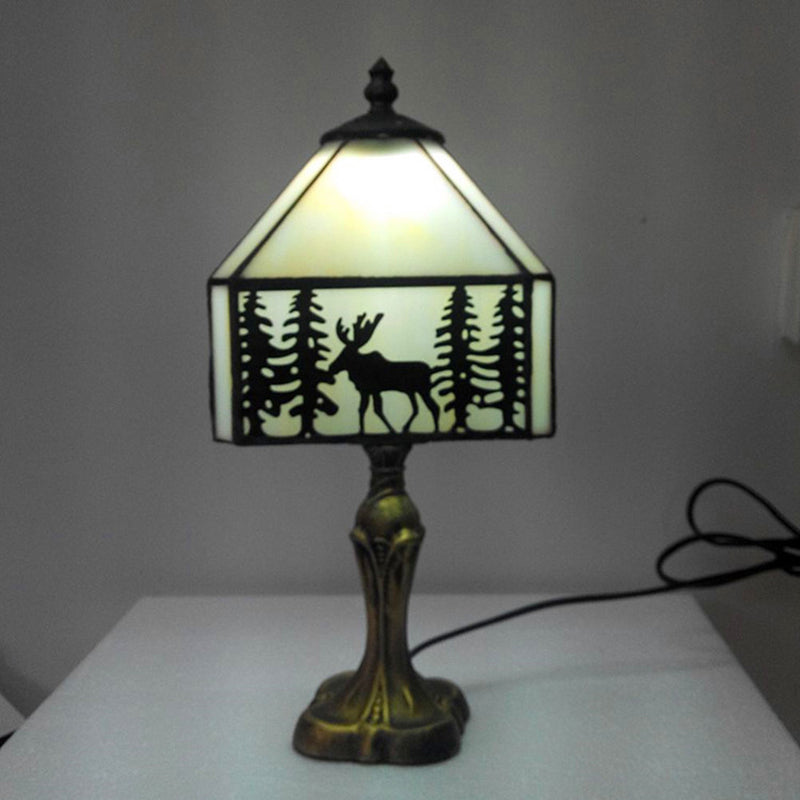 Traditional Tiffany Glass Metal Conic Polyhedron Deer 1-Light Table Lamp For Bedside