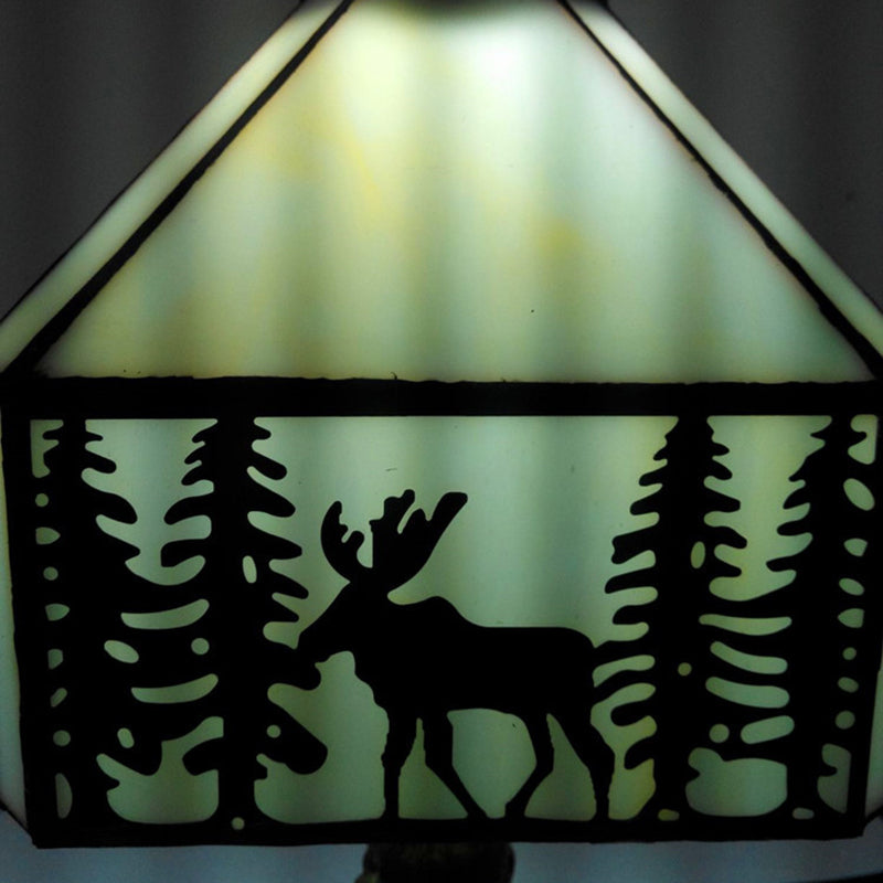 Traditional Tiffany Glass Metal Conic Polyhedron Deer 1-Light Table Lamp For Bedside