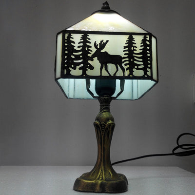 Traditional Tiffany Glass Metal Conic Polyhedron Deer 1-Light Table Lamp For Bedside