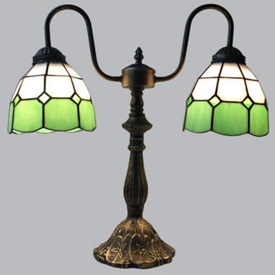 Traditional Tiffany Glass Iron Resin Swan Neck Dome Beads 2-Light Table Lamp For Bedside