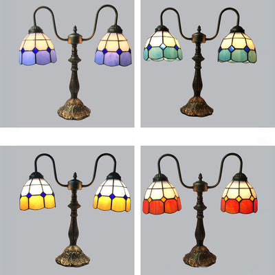 Traditional Tiffany Glass Iron Resin Swan Neck Dome Beads 2-Light Table Lamp For Bedside