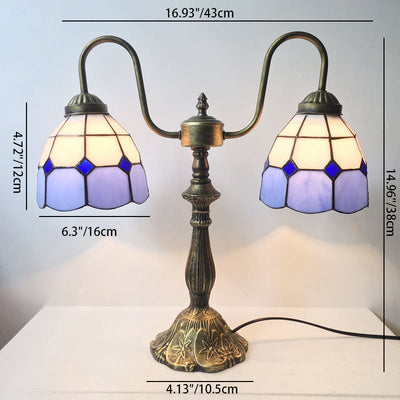 Traditional Tiffany Glass Iron Resin Swan Neck Dome Beads 2-Light Table Lamp For Bedside